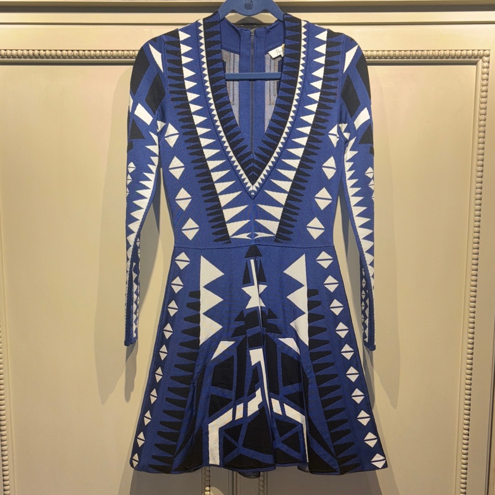 Parker Blue and White Geometric Long Sleeve Dress